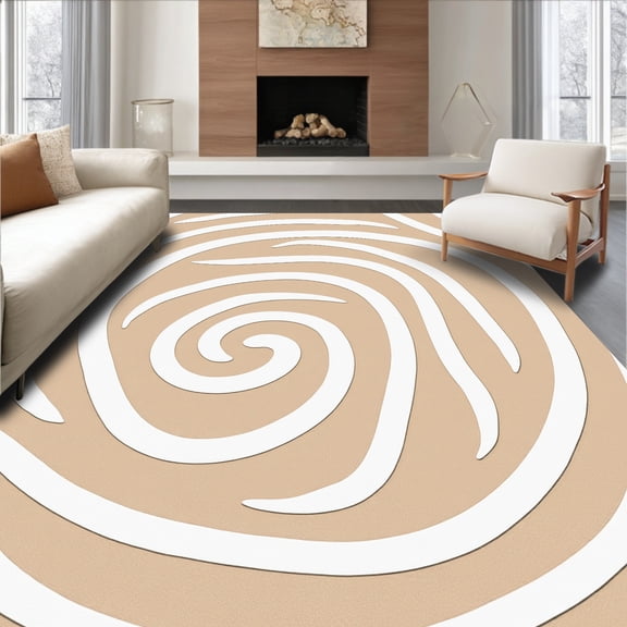 ODIKA 8'x10' Machine Washable Non-Slip Area Rug, Luxury Textured Elliptical Swirl Modern Artistic Decorative Embellishment High Traffic Rug with Pad, Beige, 562775