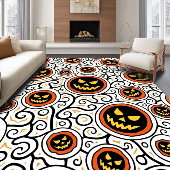ODIKA 8'x10' Machine Washable Non-Slip Area Rug, Macabre Jack O Lantern Face Displaying Halloween High Traffic Rug, Black, 620222