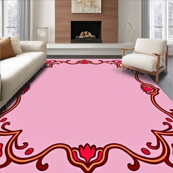 ODIKA 8'x10' Machine Washable Non-Slip Area Rug, Machine Anti Slip Floor with Decorative Curved Borders High Traffic Rug with Pad, Pink, 462000