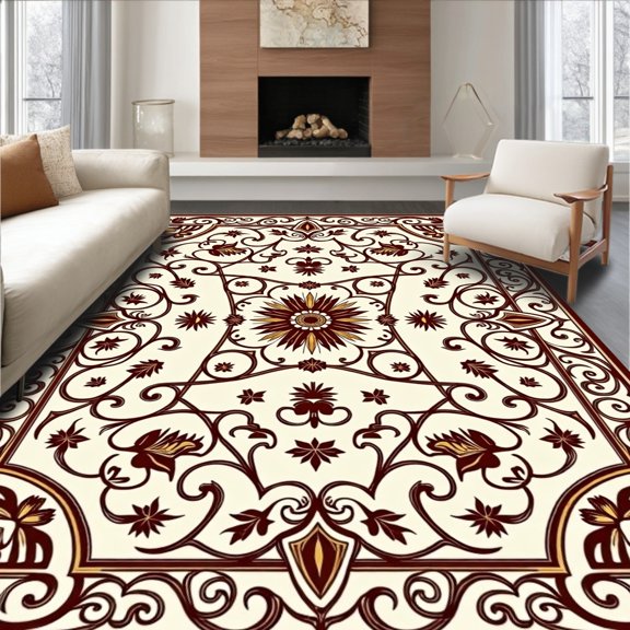 ODIKA 8'x10' Machine Washable Non-Slip Area Rug, Machine Care Victorian Acorn Scroll Design Slip Resistant High Traffic Rug, Brown, 615061