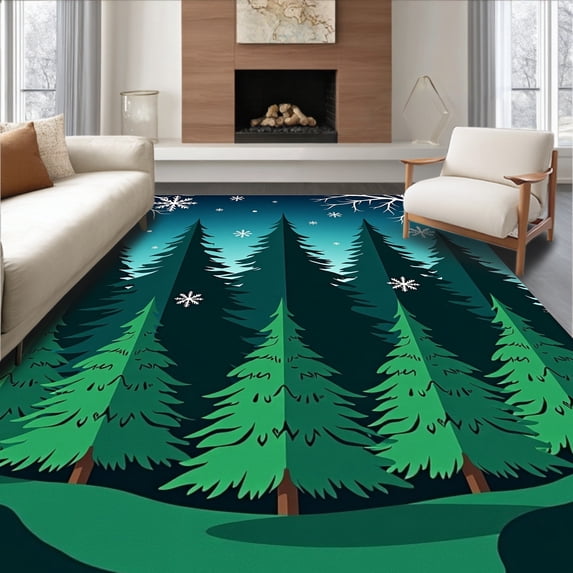 ODIKA 8'x10' Machine Washable Non-Slip Area Rug, Magical Evergreen Forest Half Moon Decorative Hearth High Traffic Rug, Blue, 617639