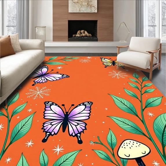 ODIKA 8'x10' Machine Washable Non-Slip Area Rug, Magical Fairy Garden with Sparkling Dewdrops and Wings High Traffic Rug, Orange, 691508