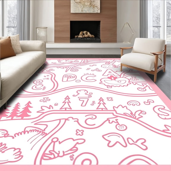 ODIKA 8x10 Machine Washable Non-Slip Area Rug, Magical Letter Number Road Map Explorer Fun Activity Surface High Traffic Rug, Pink, 693094