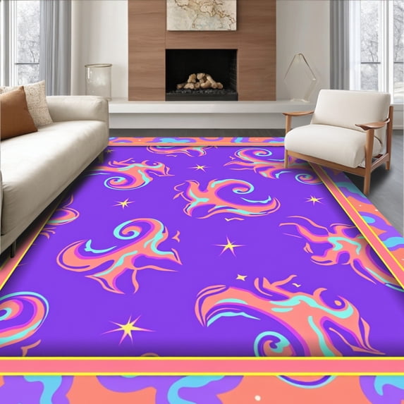 ODIKA 8'x10' Machine Washable Non-Slip Area Rug, Magical Pastel Unicorn Fantasy Wonderland High Traffic Rug with Pad, Purple, 700276