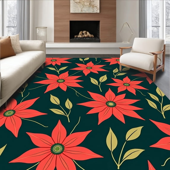 ODIKA 8'x10' Machine Washable Non-Slip Area Rug, Magical Poinsettia Bloom Bath with Petal and Leaf Arrangement High Traffic Rug with Pad, Red, 608948