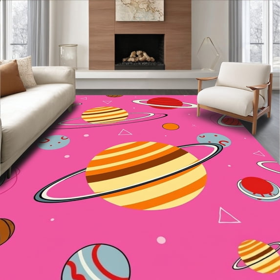 ODIKA 8'x10' Machine Washable Non-Slip Area Rug, Magical System Planets Educational Learning High Traffic Rug, Pink, 576275