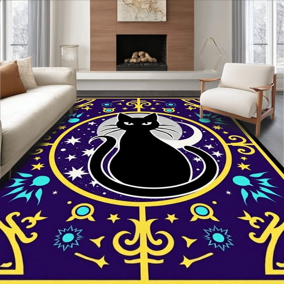 ODIKA 8'x10' Machine Washable Non-Slip Area Rug, Magical Whiskered Familiar Spirit Bewitched Nocturnal Enchantment High Traffic Rug, Purple, 656403
