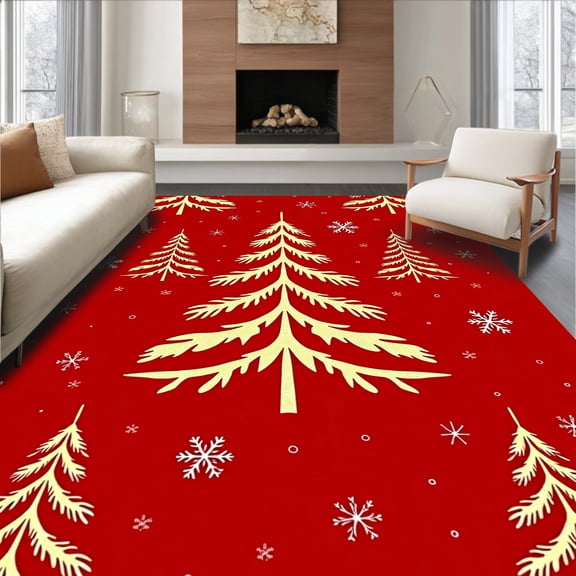 ODIKA 8'x10' Machine Washable Non-Slip Area Rug, Magical Winter Wonderland Printed Lightweight Seasonal High Traffic Rug, Red, 605586