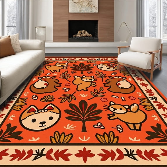 ODIKA 8'x10' Machine Washable Non-Slip Area Rug, Magical Woodland Critters Stitch Canvas Artwork High Traffic Rug, Orange, 726175