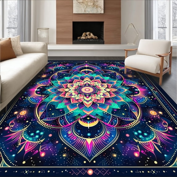 ODIKA 8x10 Machine Washable Non-Slip Area Rug, Mandala High Traffic Rug with Pad, Blue, 69145