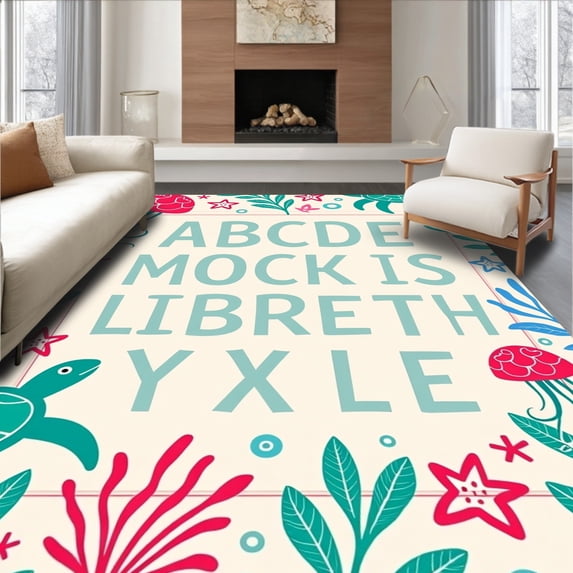 ODIKA 8x10 Machine Washable Non-Slip Area Rug, Marine Life Phonics Teaching Jellyfish Starfish Letter Guide High Traffic Rug, Red, 694478