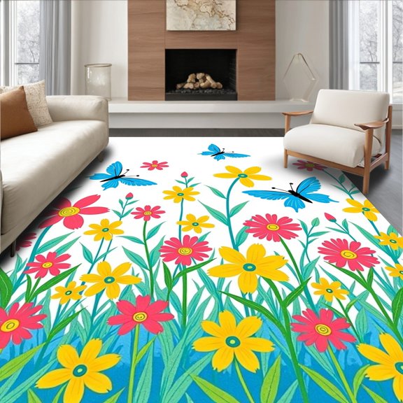 ODIKA 8x10 Machine Washable Non-Slip Area Rug, Meadow Fauna DIY Artistic Knotwork Handicraft Project High Traffic Rug, Pink, 642695