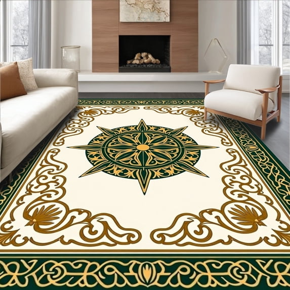 ODIKA 8'x10' Machine Washable Non-Slip Area Rug, Medallion Interlocking Lattice Motif with Classic Scrollwork Flourish High Traffic Rug, Green, 542461