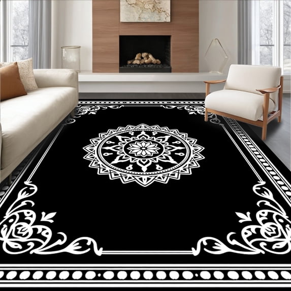 ODIKA 8'x10' Machine Washable Non-Slip Area Rug, Medallion Mosaic Floor with Ornate Central Focal Point High Traffic Rug, Black, 706464
