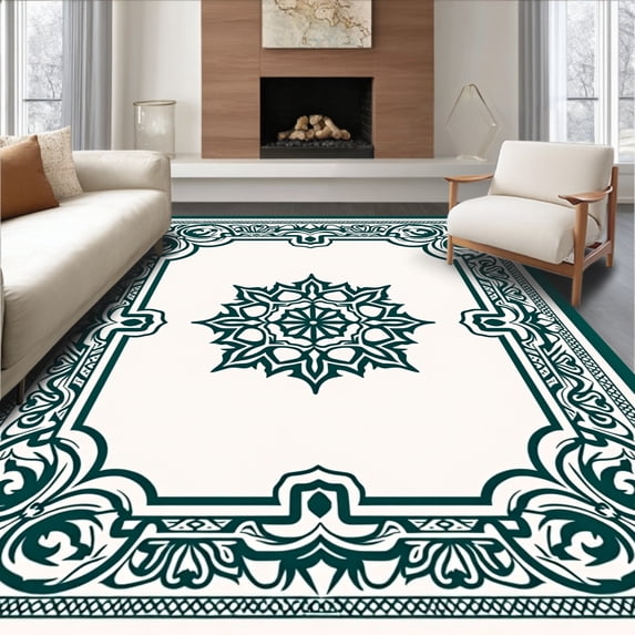 ODIKA 8'x10' Machine Washable Non-Slip Area Rug, Medallion Plush Floor Covering with Ornate Details High Traffic Rug, Green, 586495