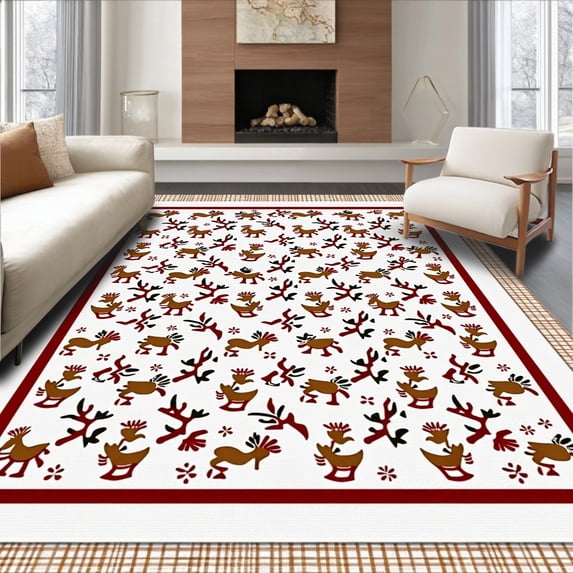 ODIKA 8'x10' Machine Washable Non-Slip Area Rug, Merry Checkered Reindeer Interlocking Winter High Traffic Rug with Pad, Brown, 623107