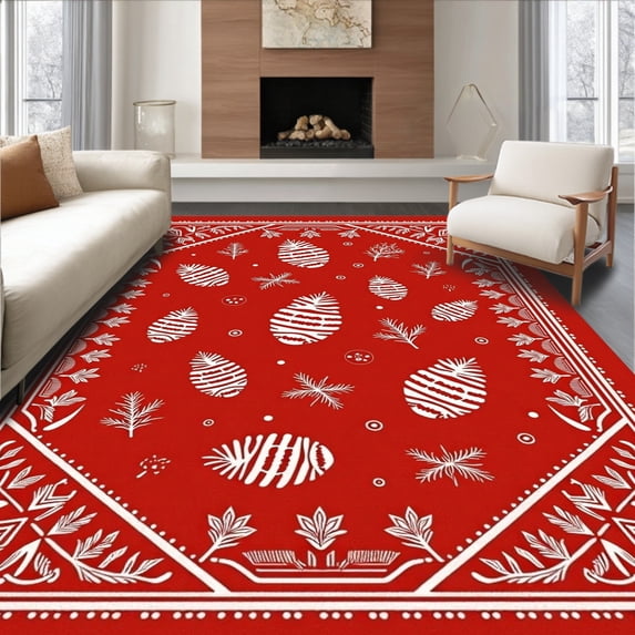 ODIKA 8'x10' Machine Washable Non-Slip Area Rug, Merry Pinecone Jolly Hearth Adornment High Traffic Rug, Red, 611491