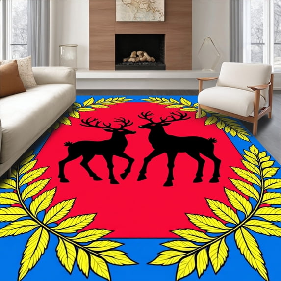 ODIKA 8'x10' Machine Washable Non-Slip Area Rug, Merry Reindeer Parade with Festooned Bough Borders High Traffic Rug with Pad, Blue, 611501