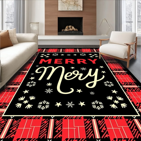 ODIKA 8'x10' Machine Washable Non-Slip Area Rug, Merry Typography with Interlocking Plaid and Starburst Arrangement High Traffic Rug with Pad, Black, 651628