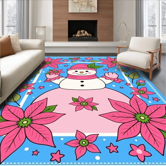 ODIKA 8'x10' Machine Washable Non-Slip Area Rug, Merry Wonderland Bathroom Accessories Decorated Poinsettia Accents High Traffic Rug with Pad, Pink, 628456