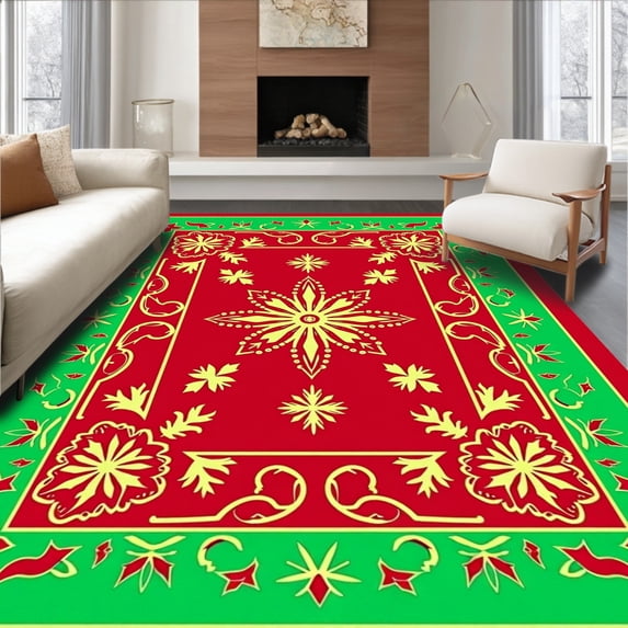 ODIKA 8'x10' Machine Washable Non-Slip Area Rug, Merry Yuletide Ornament Medallion with Holly Border Details High Traffic Rug, Red, 742256