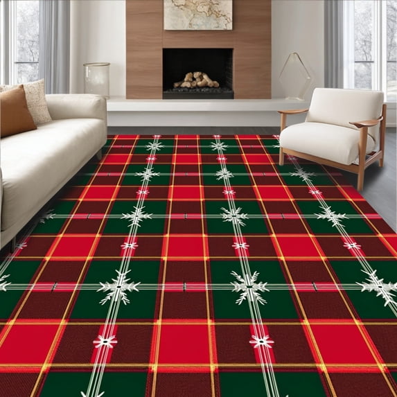ODIKA 8'x10' Machine Washable Non-Slip Area Rug, Merry Yuletide Tartan Joyful Hearth Seasonal High Traffic Rug, Red, 627582