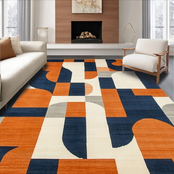 ODIKA 8'x10' Machine Washable Non-Slip Area Rug, Mid Modern Bold Abstract Adler Inspired Design High Traffic Rug, Navy, 186638