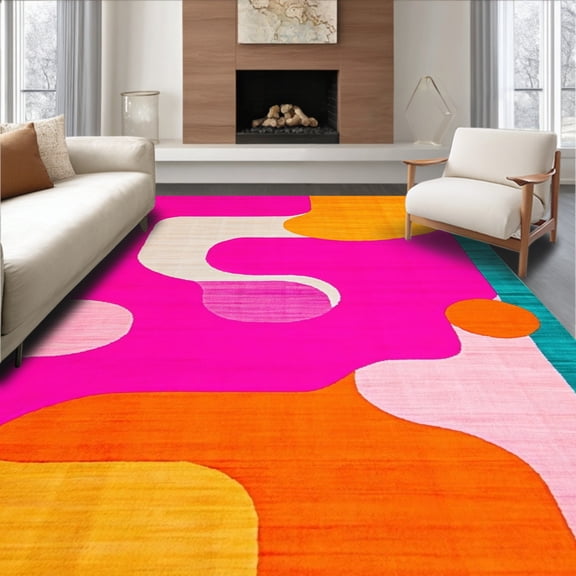 ODIKA 8'x10' Machine Washable Non-Slip Area Rug, Trendy Funky with Retro Swirls and Groovy Color Palette High Traffic Rug, Pink, 91497