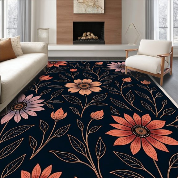 ODIKA 8'x10' Machine Washable Non-Slip Area Rug, Midnight Bloom Artisan Jewel High Traffic Rug, Black, 572330
