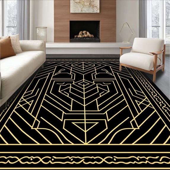 ODIKA 8'x10' Machine Washable Non-Slip Area Rug, Midnight Labyrinth Interlocking Maze with Subtle Golden Highlights High Traffic Rug, Black, 440774