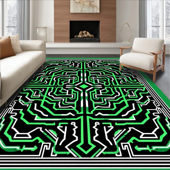 ODIKA 8'x10' Machine Washable Non-Slip Area Rug, Midnight Lattice Maze with Art Flourish High Traffic Rug, Black, 556507