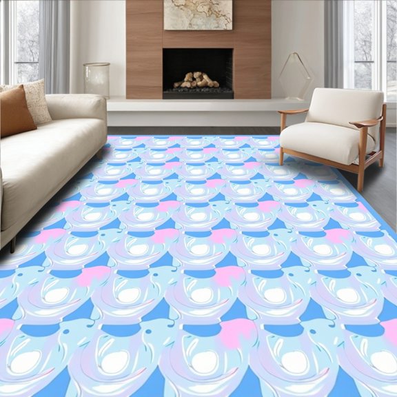 ODIKA 8'x10' Machine Washable Non-Slip Area Rug, Minimalist Dotted Maze with Interlocking Lattice and Whimsical Spiral Accents High Traffic Rug, Blue, 568932