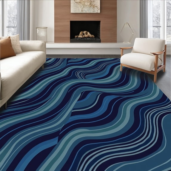 ODIKA 8x10 Machine Washable Non-Slip Area Rug, Minimalist Interlocking Wave with Subtle Flowing Lines High Traffic Rug, Blue, 376257