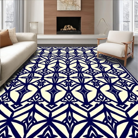 ODIKA 8'x10' Machine Washable Non-Slip Area Rug, Minimalist Nordic Interlocking Lattice Zen High Traffic Rug, Blue, 493218