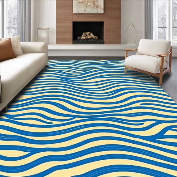 ODIKA 8'x10' Machine Washable Non-Slip Area Rug, Minimalist Wave Motif Decorative Accent High Traffic Rug, Blue, 599027