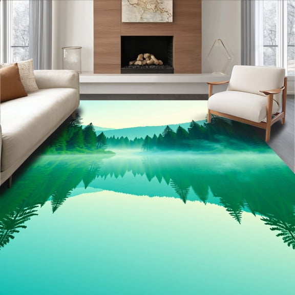 ODIKA 8'x10' Machine Washable Non-Slip Area Rug, Misty Lake Reflection DIY Latch Hook Kit Crochet Yarn Needlework High Traffic Rug, Green, 635283
