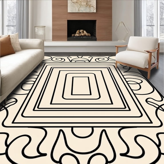 ODIKA 8'x10' Machine Washable Non-Slip Area Rug, Modern Abstract Maze with Curves and Accents High Traffic Rug with Pad, Black, 357287