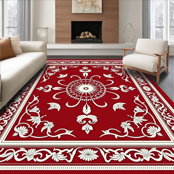 ODIKA 8'x10' Machine Washable Non-Slip Area Rug, Modern Boho Medallion Motif with Ornate Intricate Detailing High Traffic Rug with Pad, Red, 593347