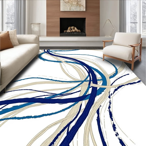 ODIKA 8x10 Machine Washable Non-Slip Area Rug, Modern Brushstroke Waves with Abstract Interlocking Swirls Design High Traffic Rug, Beige, 489599