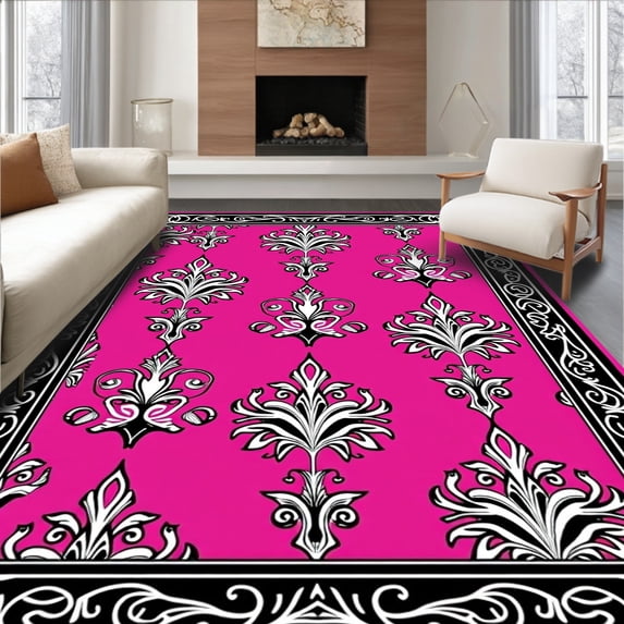 ODIKA 8'x10' Machine Washable Non-Slip Area Rug, Modern Damask with Whimsical Petal and Foliage High Traffic Rug, Pink, 530622