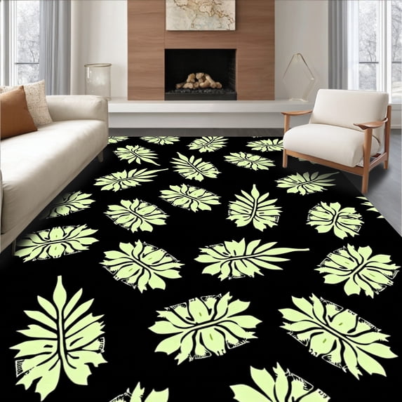 ODIKA 8'x10' Machine Washable Non-Slip Area Rug, Modern Interlocking Fern with Stylized Foliage High Traffic Rug, Black, 561531