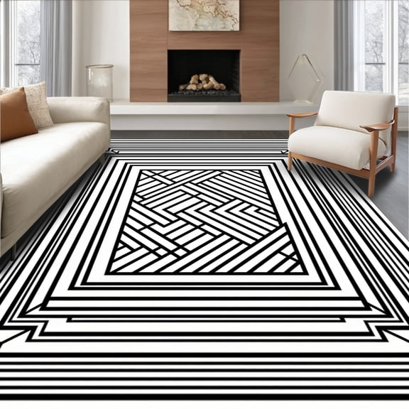 ODIKA 8'x10' Machine Washable Non-Slip Area Rug, Monochrome Zigzag Maze Elegant Contemporary Trellis Labyrinth Path High Traffic Rug, Black, 522037