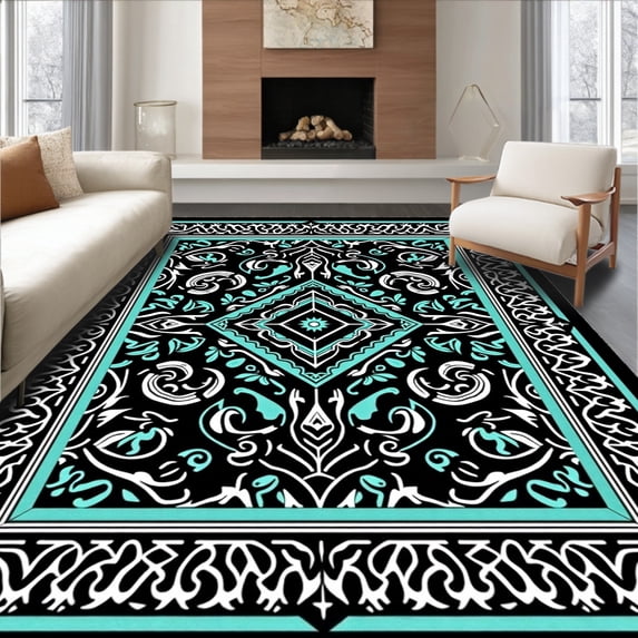 ODIKA 8'x10' Machine Washable Non-Slip Area Rug, Mystic Labyrinth Featuring Interlocking Symbols and Floral Accents High Traffic Rug with Pad, Black, 679371