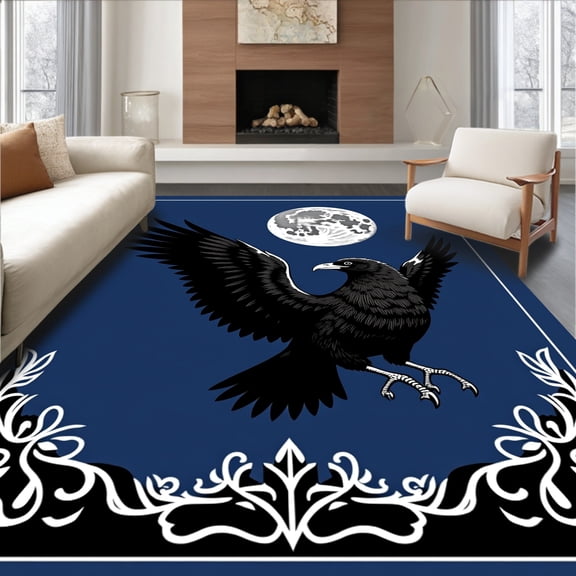 ODIKA 8'x10' Machine Washable Non-Slip Area Rug, Mystic Raven Latch Hook Kit with Moon Design High Traffic Rug, Navy, 620682