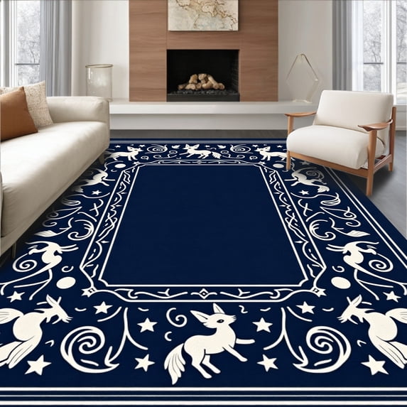 ODIKA 8'x10' Machine Washable Non-Slip Area Rug, Mystical Fox Spirit with Celestial Moon Phases High Traffic Rug, Blue, 686143