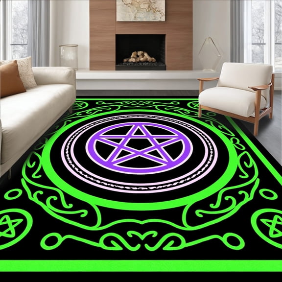 ODIKA 8'x10' Machine Washable Non-Slip Area Rug, Mystical Pentacle Enchanted Occult Decorative High Traffic Rug, Green, 514386