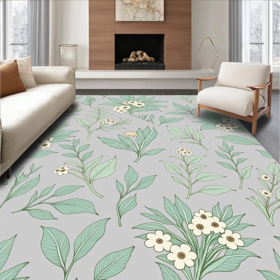 ODIKA 8'x10' Machine Washable Non-Slip Area Rug, Mystical Woodland Fairy Tale Botanical Dreamscape High Traffic Rug, Gray, 472354