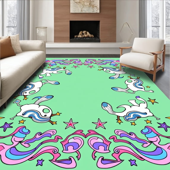 ODIKA 8'x10' Machine Washable Non-Slip Area Rug, Mythical Creature Parade with Joyful Unicorns Shooting Stars and Dreamy Swirls High Traffic Rug, Green, 724022