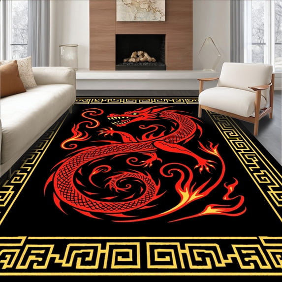 ODIKA 8'x10' Machine Washable Non-Slip Area Rug, Mythical Dragon Flame Needlecraft Embroidery High Traffic Rug, Red, 635629