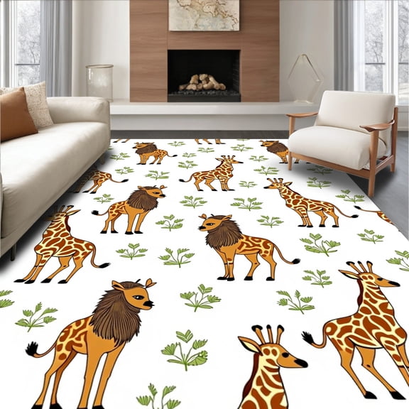 ODIKA 8'x10' Machine Washable Non-Slip Area Rug, Natural Animal Parade Featuring Wilderness Beings High Traffic Rug, Brown, 684209